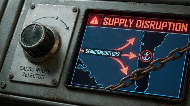 Cargo route selector supply disruption semiconductor chain control panel industrial interface warning screen logistics navigation disrupted shipping and cargo planning