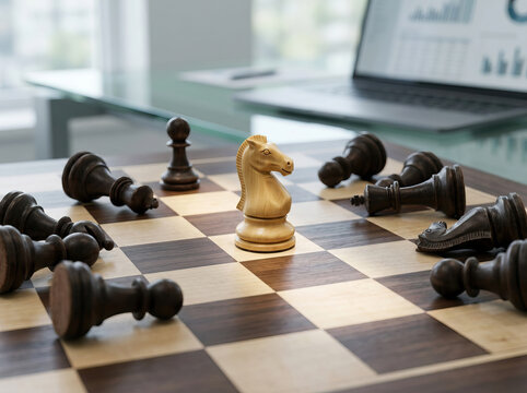 Chess piece knight board strategy business competition leadership planning office laptop surround golden knight among fallen piece on board