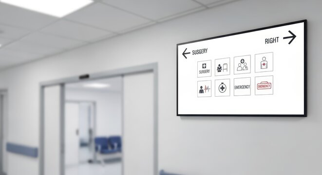 Modern Digital Signage Screen Displaying Hospital Navigation Icons in a Clean Corridor