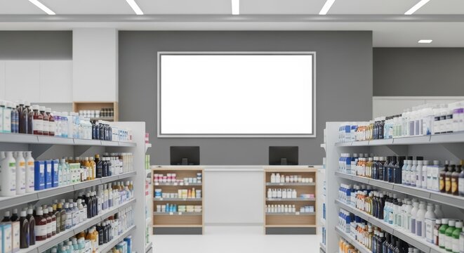 Modern pharmacy interior with blank screen for promotions and fully stocked shelves