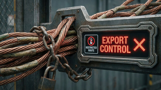 Copper wire bundle cable chain lock export control restriction industrial barrier metal security gate with red warning sign and locked electrical conduit