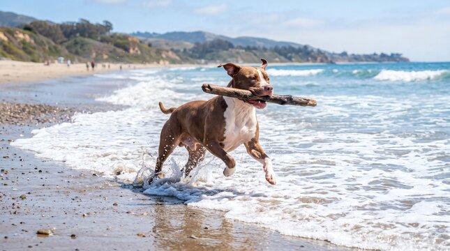 Happy Pitbull Dog Playing Fetch with Stick on Sunny Beach Shoreline.