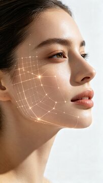 Female profile with glowing digital facial mesh ai beauty technology