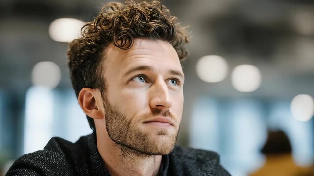 Portrait of a stylish man with blue eyes and a contemplative expression, set against a blurred office background. The image conveys ambition, creativity, and modern workplace atmosphere