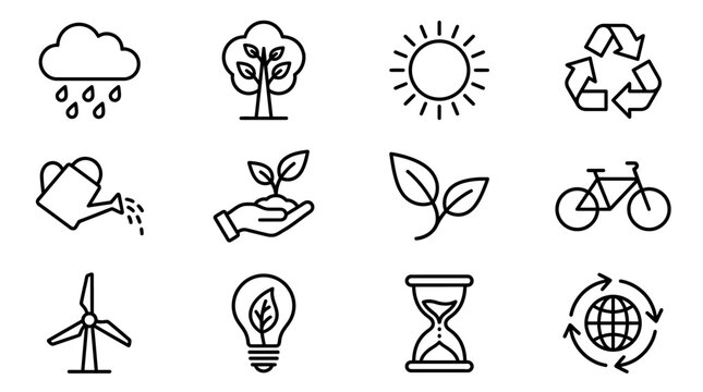 Eco-friendly icons: rain, tree, sun, recycle, plant, bike, wind turbine, light bulb, hourglass, globe