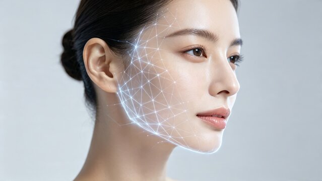 Female profile with glowing facial mesh grid digital beauty analysis