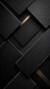 Black and gold abstract geometric background. The composition features overlapping rectangular shapes with sharp edges and subtle gold accents, creating a sense of depth and sophistication.