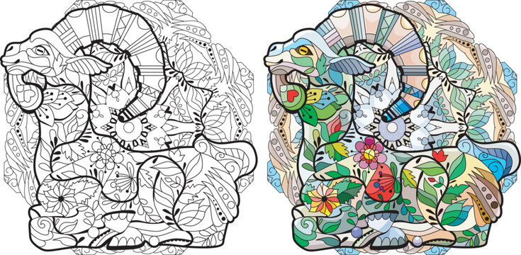 Goat styled for t-shirt design, for coloring, for tattoo and other decorations. Black and white and color images