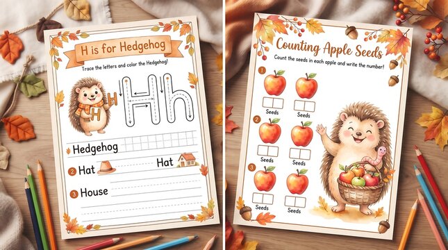 Autumn theme educational worksheet bundle for children featuring cute hedgehog illustrations alphabet tracing and math counting activities