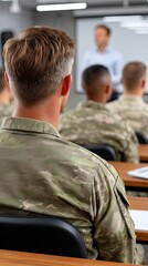 Fototapeta premium Soldiers attend a military lecture in a classroom setting with a focus on instruction and learning