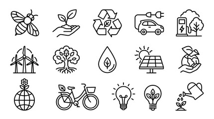 Eco-friendly Icons: Green Energy, Nature, Sustainability, Recycling, Electric Car, Solar Power © chaelrafz