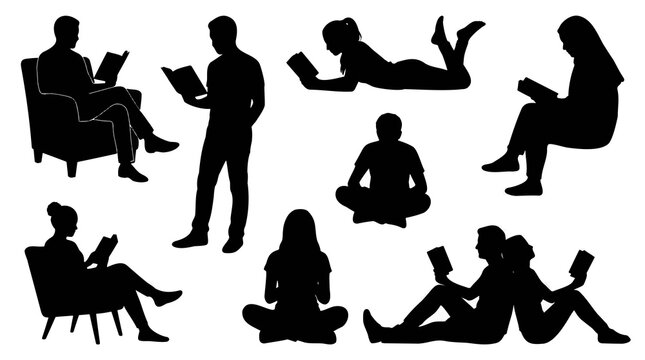Silhouettes of people reading books in various sitting poses.
