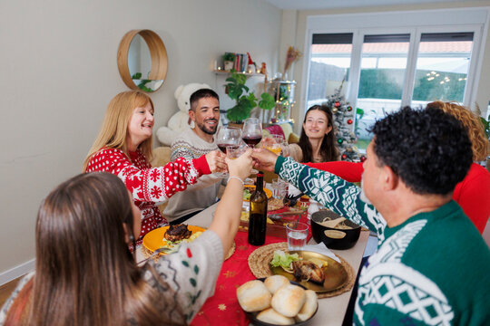 Family and friends celebrating christmas dinner toasting