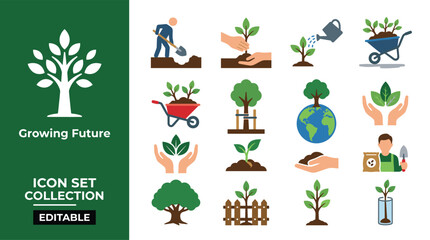 Fototapeta premium Ecology Icons. Includes symbols for planting, growth, globe, hands, watering can. Flat design UI elements for environmental projects.