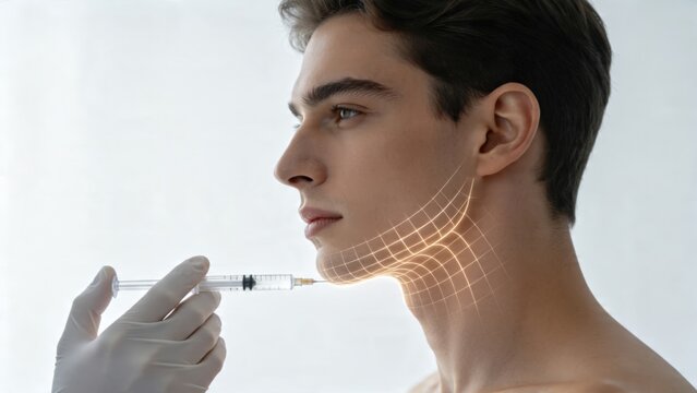Male profile receiving facial aesthetic treatment with cosmetic injection
