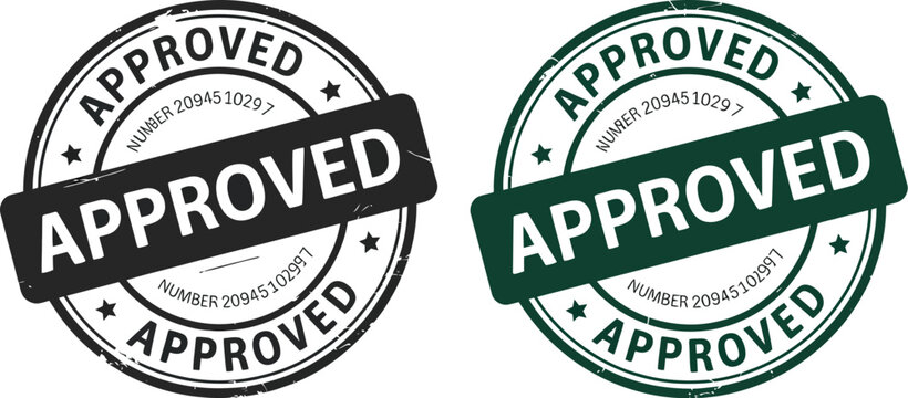 Approved stamp icon featuring black and green circular seal designs for certification, verification, quality assurance, and editable vector illustration.