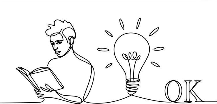A man reading a book next to a glowing light bulb and the word OK in a continuous line style