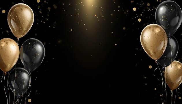 Black and gold balloons with sparkles for luxury celebration background.