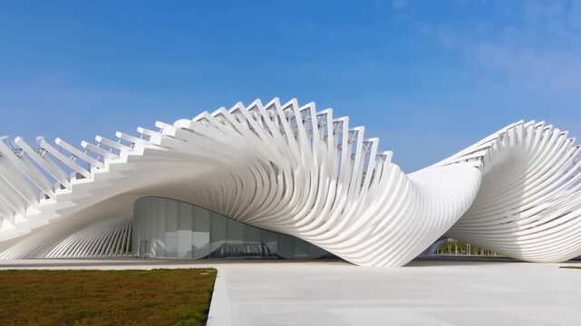 Abstract Futuristic Parametric Pavilion with White Tubular Wave Structure Under Blue Sky 3D Architectural Render