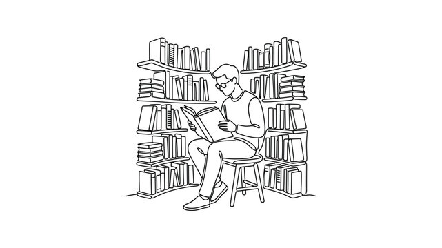 A sketch drawing of a man sitting on a stool and reading a book surrounded by bookshelves.