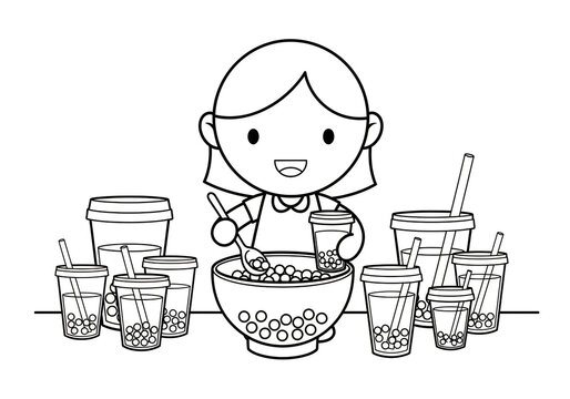 Cute cartoon girl making boba tea for a fun and creative printable colouring page for kids