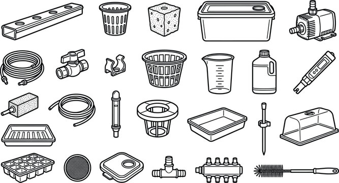 Hydroponic gardening components collection black line art illustration on transparent background hydroponics system soilless cultivation