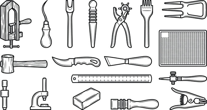 Collection of leather crafting tools in vector style on transparent background leatherworking tanning saddle making