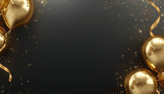 Festive gold balloons and ribbons background with sparkling bokeh for grand opening events.