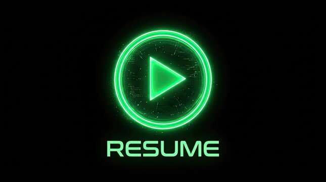 Futuristic neon green resume play button icon for game or video player interface.