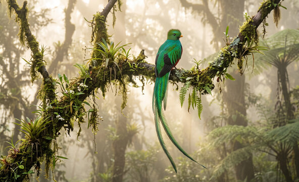 Resplendent Quetzal elegantly perched on a twisted mossy branch