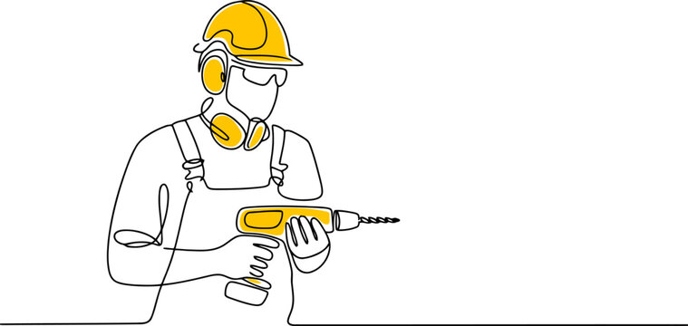 Construction worker with yellow hard hat and headphones holding a yellow drill in line 