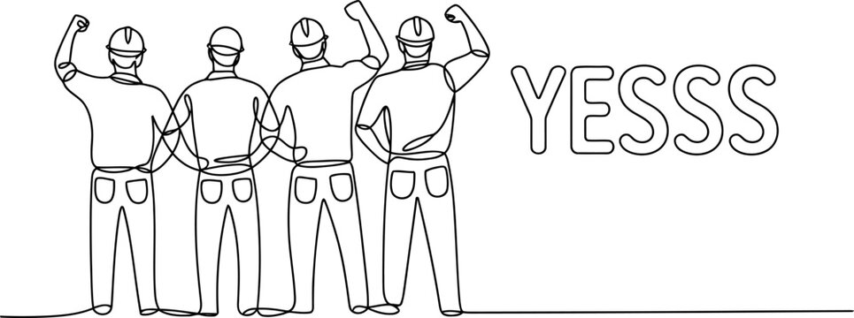 Construction Workers Back View Celebrating Success with Yesss Word 