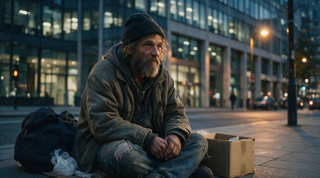 Urban Homelessness Scene, Vagrant Sitting Against Wall on Quiet Street at Night