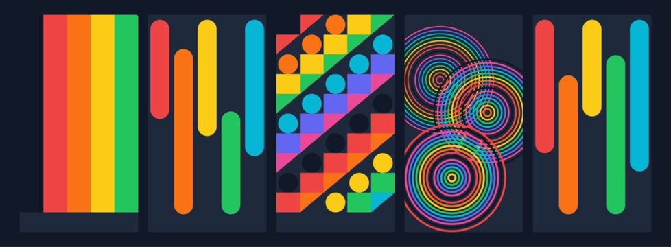 Modern Abstract Geometric Rainbow Pattern Background with Circles, Rectangles, and Stick Figures