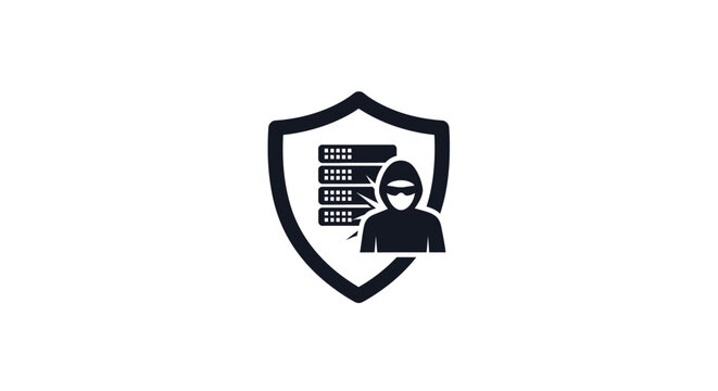 Hacker with mask and shield logo.
