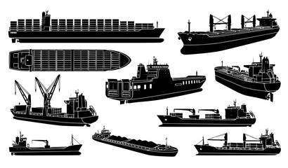 Fototapeta premium Commercial Cargo Vessel Silhouettes in Different Views and Configurations Vector Collection