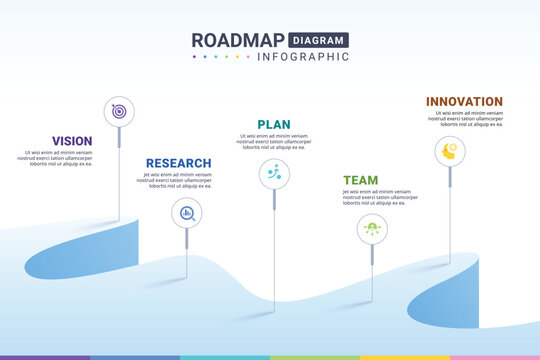 Infographic template for business. 5 Steps Modern milestone diagram with road journey concept, presentation vector infographic.