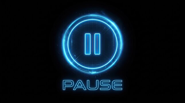 Futuristic neon pause button icon. Glowing blue digital symbol for a video or game interface.