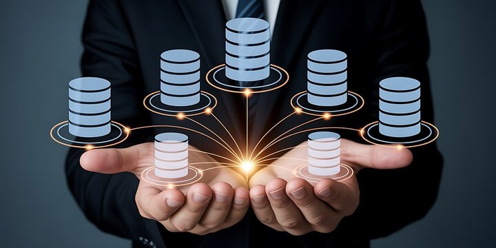 Businessman holding digital database representing cloud computing and data storage network connectivity for modern enterprise information systems
