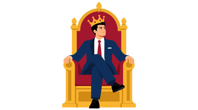 A successful professional businessman sitting majestically on a luxurious golden throne wearing a golden crown, confident leader concept, vector illustration flat design against a clean white