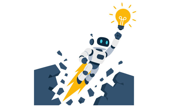 A white robot flies upward breaking through a dark blue wall holding a glowing lightbulb, symbolizing a major technological breakthrough, innovative ideas, overcoming limits, and achieving success.