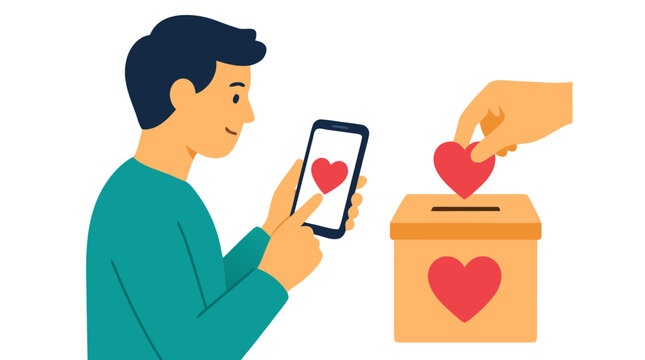 A man using a smartphone to make a charitable donation with a heart icon on the screen while another hand places a heart into a donation box, showing online giving and kindness in a flat vector style.