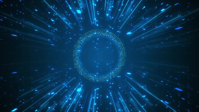 Futuristic blue HUD portal visual with bright circular dot ring, rushing data lines, deep 19 perspective. tech openers, AI intros, network tunnels, software promos, and motion