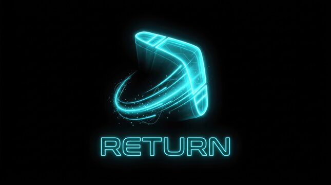 Futuristic glowing neon boomerang with digital light trails and 'RETURN' text on a black background,