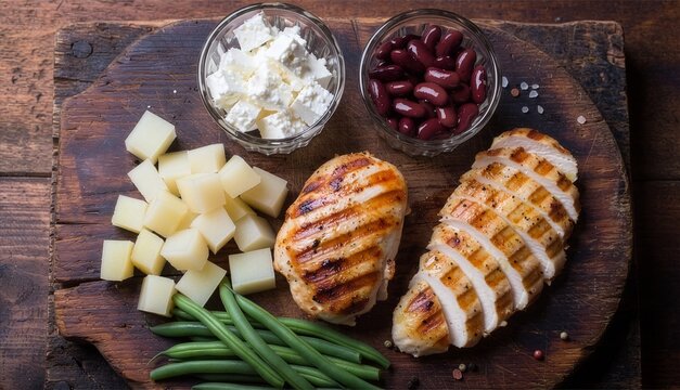 Top-down view of healthy meal prep ingredients on a rustic wooden board, featuring grilled chicken breasts, diced potatoes, green beans, feta cheese, and red kidney beans.