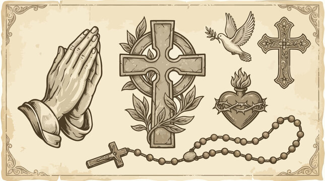 Vintage religious collection featuring cross and rosary symbols.