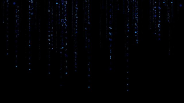 Streams of binary code and digital symbols cascade downward like data waterfalls, AI algorithms and data processing. High-tech visualization with dynamic falling characters. Perfect for AI background.