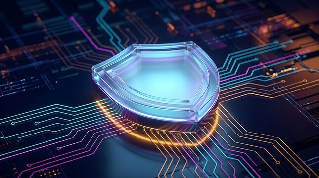 Holographic shield emblem on glowing circuit board