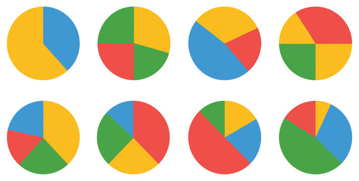 Pie chart icons featuring colorful data visualization graphics for business, finance, marketing, and statistical presentation reports, vector, designs