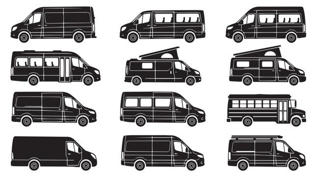 Black van silhouettes set, 12 commercial vehicle icons, cargo delivery and passenger transport van collection, camper and minibus vector graphics